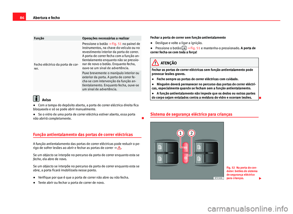 Seat Alhambra 2012 Manual do proprietário (in Portuguese) 86
Abertura e fecho Função Operações necessárias a realizar
Fecho eléctrico da porta de cor-
rer. Pressione o botão ⇒
Fig. 51 no painel de
instrumentos, na chave do veículo ou no
revestim Seat Alhambra 2012 Manual do proprietário (in Portuguese) 86
Abertura e fecho Função Operações necessárias a realizar
Fecho eléctrico da porta de cor-
rer. Pressione o botão ⇒
Fig. 51 no painel de
instrumentos, na chave do veículo ou no
revestim