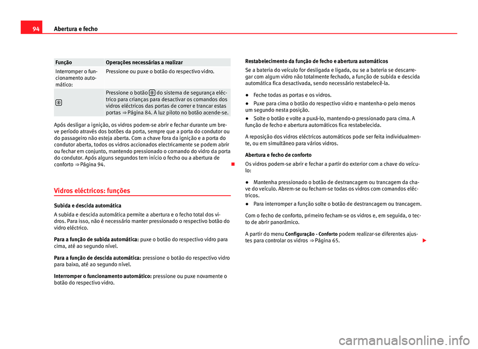 Seat Alhambra 2012 Manual do proprietário (in Portuguese) 94
Abertura e fecho Função Operações necessárias a realizar
Interromper o fun-
cionamento auto-
mático: Pressione ou puxe o botão do respectivo vidro.
Pressione o botão
do sistema de Seat Alhambra 2012 Manual do proprietário (in Portuguese) 94
Abertura e fecho Função Operações necessárias a realizar
Interromper o fun-
cionamento auto-
mático: Pressione ou puxe o botão do respectivo vidro.
Pressione o botão
do sistema de