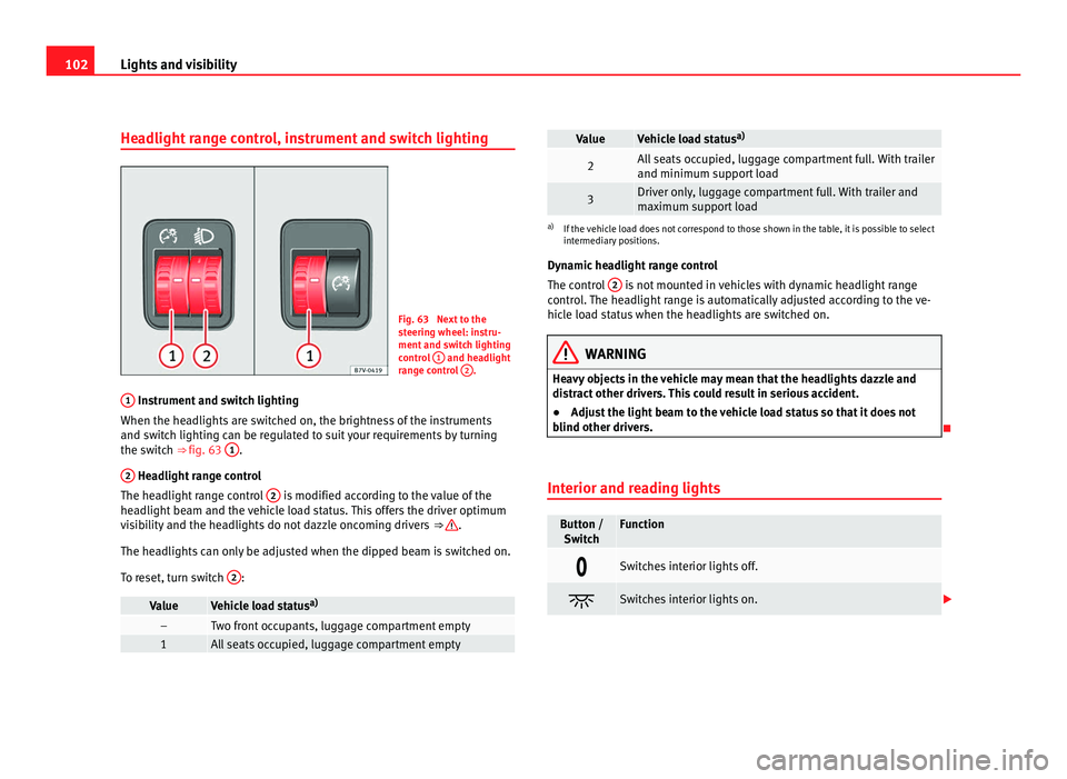 Seat Alhambra 2011 Owners Manual 102
Lights and visibility
Headlight range control, instrument and switch lighting Fig. 63 Next to the
st
eerin
g wheel: instru-
ment and switch lighting
control 1 and headlight
ran g
e control 2 Seat Alhambra 2011 Owners Manual 102
Lights and visibility
Headlight range control, instrument and switch lighting Fig. 63 Next to the
st
eerin
g wheel: instru-
ment and switch lighting
control 1 and headlight
ran g
e control 2