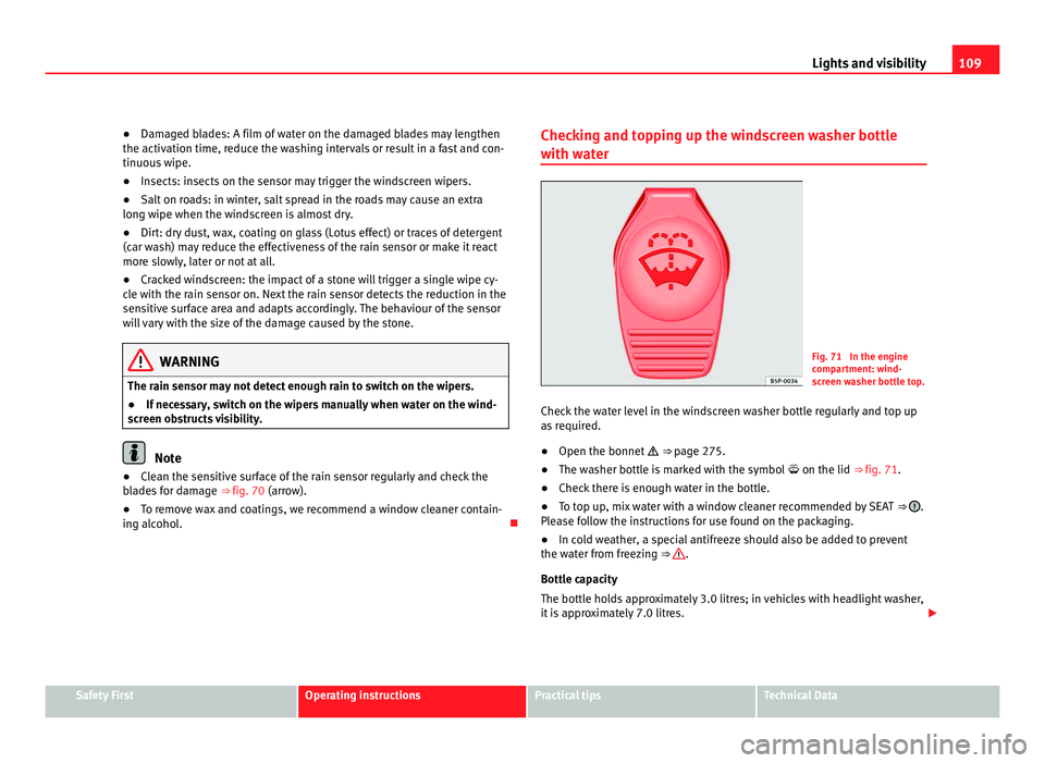 Seat Alhambra 2011  Owners Manual 109
Lights and visibility
● Damaged blades: A film of water on the damaged blades may lengthen
the activ ation time, r
educe the washing intervals or result in a fast and con-
tinuous wipe.
● Inse