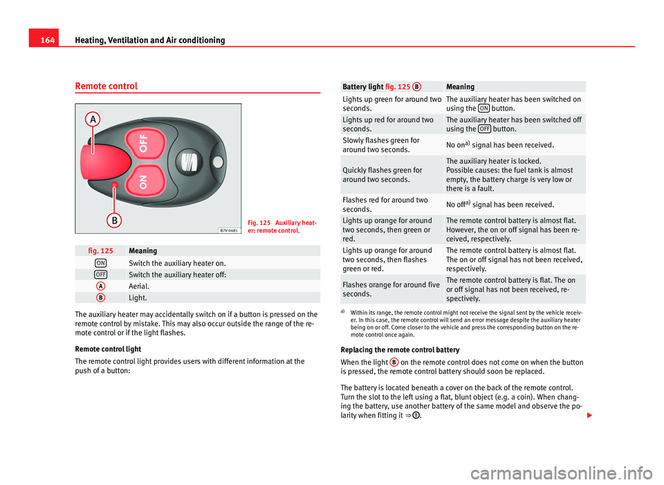 Seat Alhambra 2011 Owners Manual 164
Heating, Ventilation and Air conditioning
Remote control Fig. 125 Auxiliary heat-
er: remot
e c
ontrol. fig. 125 Meaning
ON
Switch the auxiliary heater on.
OFF
Switch the auxiliary heater off:
A
Seat Alhambra 2011 Owners Manual 164
Heating, Ventilation and Air conditioning
Remote control Fig. 125 Auxiliary heat-
er: remot
e c
ontrol. fig. 125 Meaning
ON
Switch the auxiliary heater on.
OFF
Switch the auxiliary heater off:
A