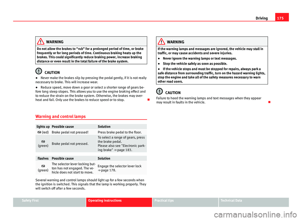 Seat Alhambra 2011 Owners Manual 175
Driving WARNING
Do not allow the brakes to “rub” for a prolonged period of time, or brake
frequently or f
or long periods of time. Continuous braking heats up the
brakes. This could significa Seat Alhambra 2011 Owners Manual 175
Driving WARNING
Do not allow the brakes to “rub” for a prolonged period of time, or brake
frequently or f
or long periods of time. Continuous braking heats up the
brakes. This could significa