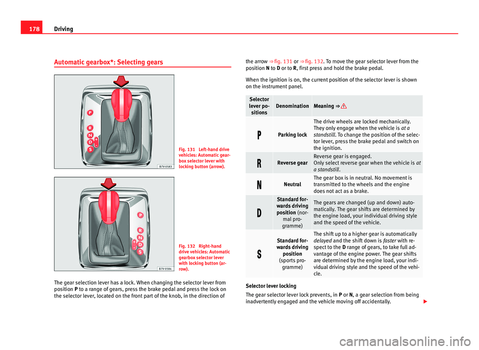 Seat Alhambra 2011 Owners Manual 178
Driving
Automatic gearbox*: Selecting gears Fig. 131 Left-hand drive
vehic
l
es: Automatic gear-
box selector lever with
locking button (arrow). Fig. 132 Right-hand
drive
v
ehicles: Automatic
Seat Alhambra 2011 Owners Manual 178
Driving
Automatic gearbox*: Selecting gears Fig. 131 Left-hand drive
vehic
l
es: Automatic gear-
box selector lever with
locking button (arrow). Fig. 132 Right-hand
drive
v
ehicles: Automatic