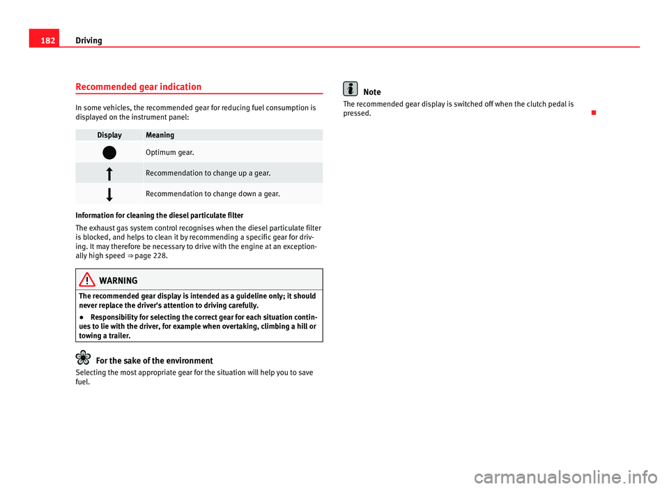 Seat Alhambra 2011 Owners Manual 182
Driving
Recommended gear indication In some vehicles, the recommended gear for reducing fuel consumption is
dis
p
layed on the instrument panel: Display Meaning
Optimum gear.
Recommendatio Seat Alhambra 2011 Owners Manual 182
Driving
Recommended gear indication In some vehicles, the recommended gear for reducing fuel consumption is
dis
p
layed on the instrument panel: Display Meaning
Optimum gear.
Recommendatio