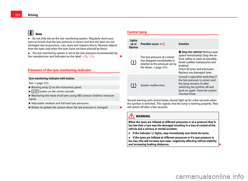 Seat Alhambra 2011  Owners Manual 222
Driving Note
● Do not only rely on the tyre monitoring system. Regularly check your
ty r
es to ensure that the tyre pressure is correct and that the tyres are not
damaged due to puncture, cuts, 