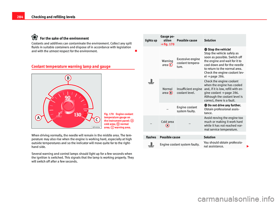 Seat Alhambra 2011  Owners Manual 284
Checking and refilling levels For the sake of the environment
Coolants and additives can contaminate the environment. Collect any spilt
fluids  in s
uitable containers and dispose of in accordance