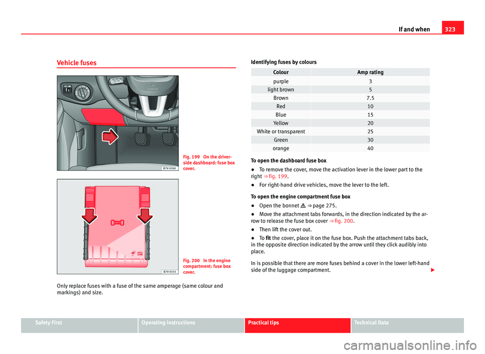 Seat Alhambra 2011 Owners Manual 323
If and when
Vehicle fuses Fig. 199 On the driver-
side d
a
shboard: fuse box
cover. Fig. 200 In the engine
comp
ar
tment: fuse box
cover.
Only replace fuses with a fuse of the same amperage (sa Seat Alhambra 2011 Owners Manual 323
If and when
Vehicle fuses Fig. 199 On the driver-
side d
a
shboard: fuse box
cover. Fig. 200 In the engine
comp
ar
tment: fuse box
cover.
Only replace fuses with a fuse of the same amperage (sa