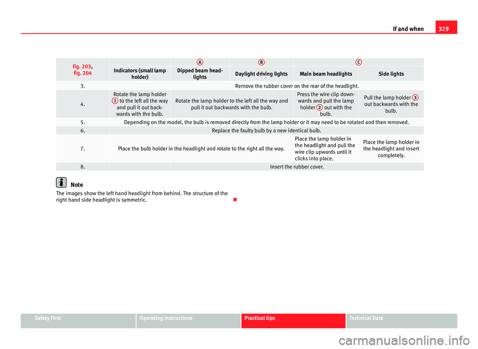 Seat Alhambra 2011 Owners Manual 329
If and when fig. 203,
fig. 204 A B C
Indicators (small lamp
holder) Dipped beam head-
lights Daylight driving lights Main beam headlights Side lights
3. Remove the rubber cover on the rear of Seat Alhambra 2011 Owners Manual 329
If and when fig. 203,
fig. 204 A B C
Indicators (small lamp
holder) Dipped beam head-
lights Daylight driving lights Main beam headlights Side lights
3. Remove the rubber cover on the rear of
