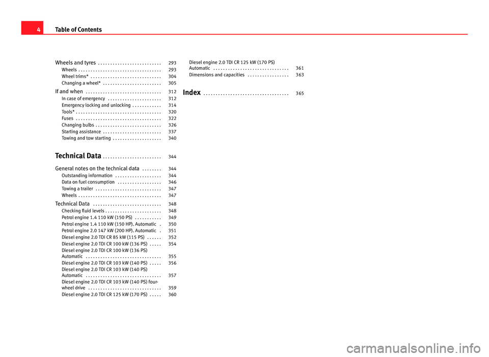 Seat Alhambra 2011  Owners Manual Wheels and tyres
 . . . . . . . . . . . . . . . . . . . . . . . . . . 293
Wheels  . . . . . . . . . . . . . . . . . . . . . . . . . . . . . . . . . . 293
Wheel trims*  . . . . . . . . . . . . . . . . 