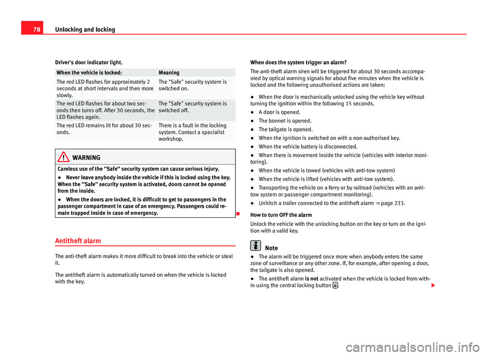 Seat Alhambra 2011  Owners Manual 78
Unlocking and locking
Driver's door indicator light. When the vehicle is locked: Meaning
The red LED flashes for approximately 2
second
s
 at short intervals and then more
slowly. The "Safe