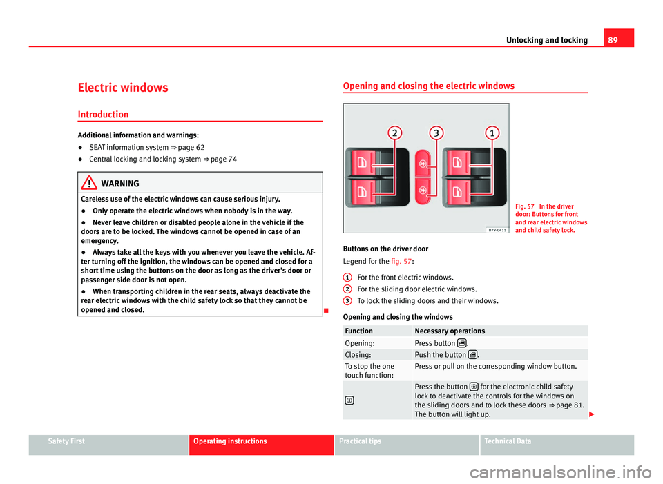 Seat Alhambra 2011 Owners Manual 89
Unlocking and locking
Electric windows Introduction Additional information and warnings:
●
SEAT information system ⇒ pag e 62
● C
entral locking and locking system ⇒ page 74WARNING
Car Seat Alhambra 2011 Owners Manual 89
Unlocking and locking
Electric windows Introduction Additional information and warnings:
●
SEAT information system ⇒ pag e 62
● C
entral locking and locking system ⇒ page 74WARNING
Car