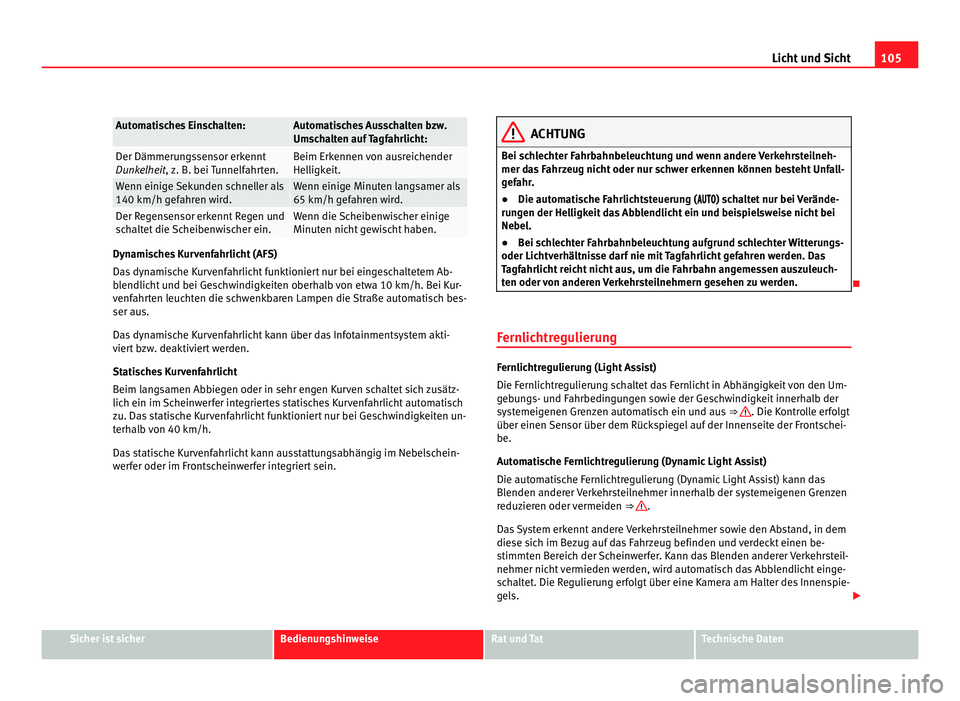 Seat Alhambra 2011 Betriebsanleitung (in German) 105
Licht und Sicht Automatisches Einschalten: Automatisches Ausschalten bzw.
Umsc
h
alten auf Tagfahrlicht: Der Dämmerungssensor erkennt
Dunke
lhe
it, z. B. bei Tunnelfahrten. Beim Erkennen von aus Seat Alhambra 2011 Betriebsanleitung (in German) 105
Licht und Sicht Automatisches Einschalten: Automatisches Ausschalten bzw.
Umsc
h
alten auf Tagfahrlicht: Der Dämmerungssensor erkennt
Dunke
lhe
it, z. B. bei Tunnelfahrten. Beim Erkennen von aus