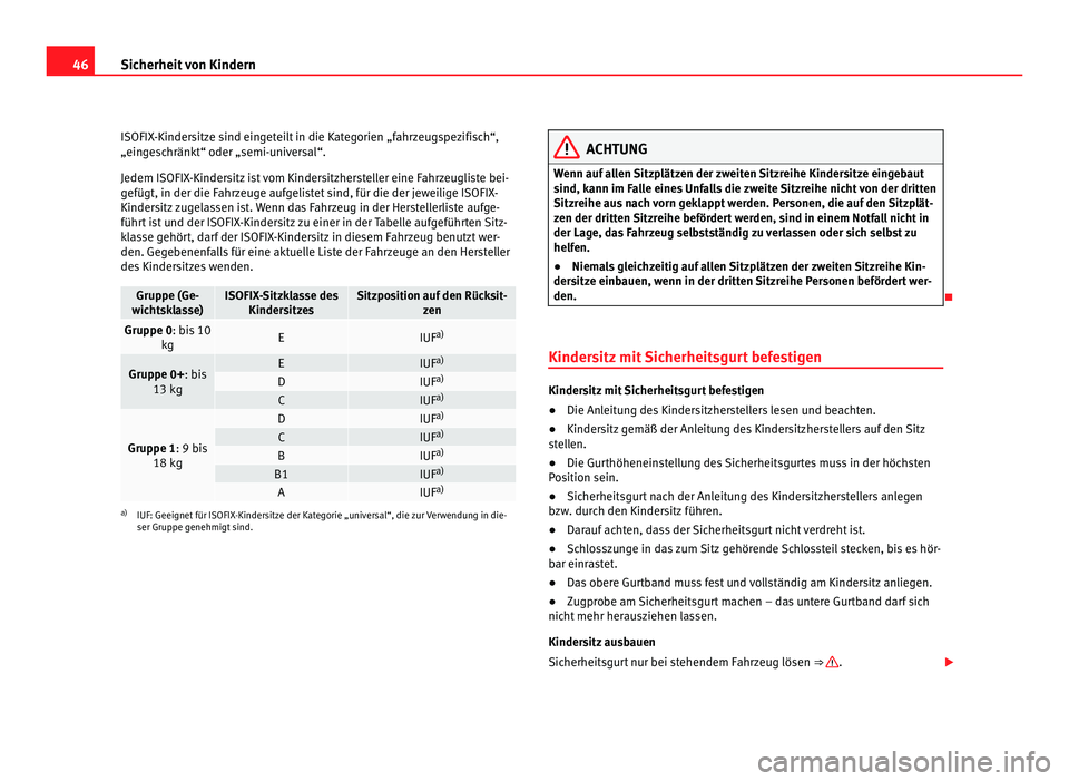 Seat Alhambra 2011 Betriebsanleitung (in German) 46
Sicherheit von Kindern
ISOFIX-Kindersitze sind eingeteilt in die Kategorien „fahrzeugspezifisch“,
„einge
schränkt“ oder „semi-universal“.
Jedem ISOFIX-Kindersitz ist vom Kindersitzhers Seat Alhambra 2011 Betriebsanleitung (in German) 46
Sicherheit von Kindern
ISOFIX-Kindersitze sind eingeteilt in die Kategorien „fahrzeugspezifisch“,
„einge
schränkt“ oder „semi-universal“.
Jedem ISOFIX-Kindersitz ist vom Kindersitzhers