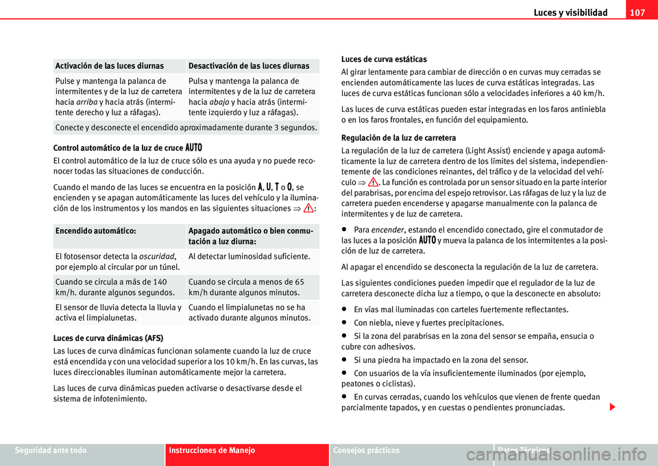 Seat Alhambra 2011  Manual del propietario (in Spanish) Luces y visibilidad107
Seguridad ante todoInstrucciones de ManejoConsejos prácticosDatos Técnicos Control automático de la luz de cruce 
�!�5�4�/
El control automático de la luz de cruce sólo es 