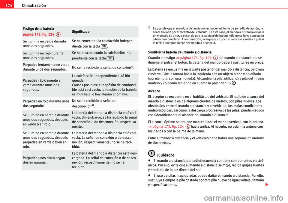 Seat Alhambra 2011  Manual del propietario (in Spanish) Climatización 174
Sustituir la batería del mando a distancia
Cuando el testigo �Ÿpágina 173, fig. 124   del mando a distancia no se 
ilumine al pulsar el botón, la batería del mando deberá sust