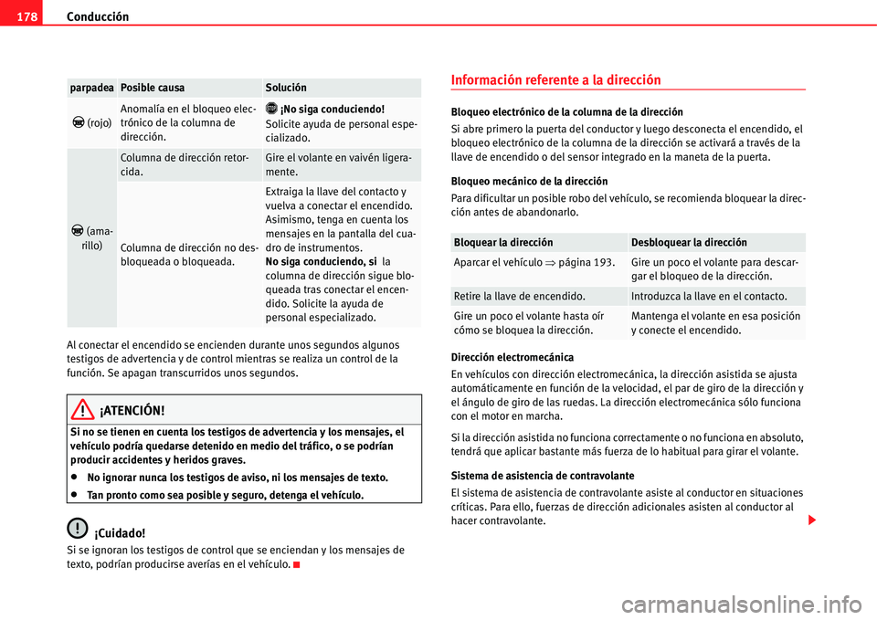 Seat Alhambra 2011  Manual del propietario (in Spanish) Conducción 178
Al conectar el encendido se encienden durante unos segundos algunos 
testigos de advertencia y de control mientras se realiza un control de la 
función. Se apagan transcurridos unos s