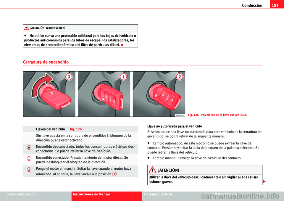 Seat Alhambra 2011  Manual del propietario (in Spanish) Conducción181
Seguridad ante todoInstrucciones de ManejoConsejos prácticosDatos Técnicos
�xNo utilice nunca una protección adicional para los bajos del vehículo o 
productos anticorrosivos para l