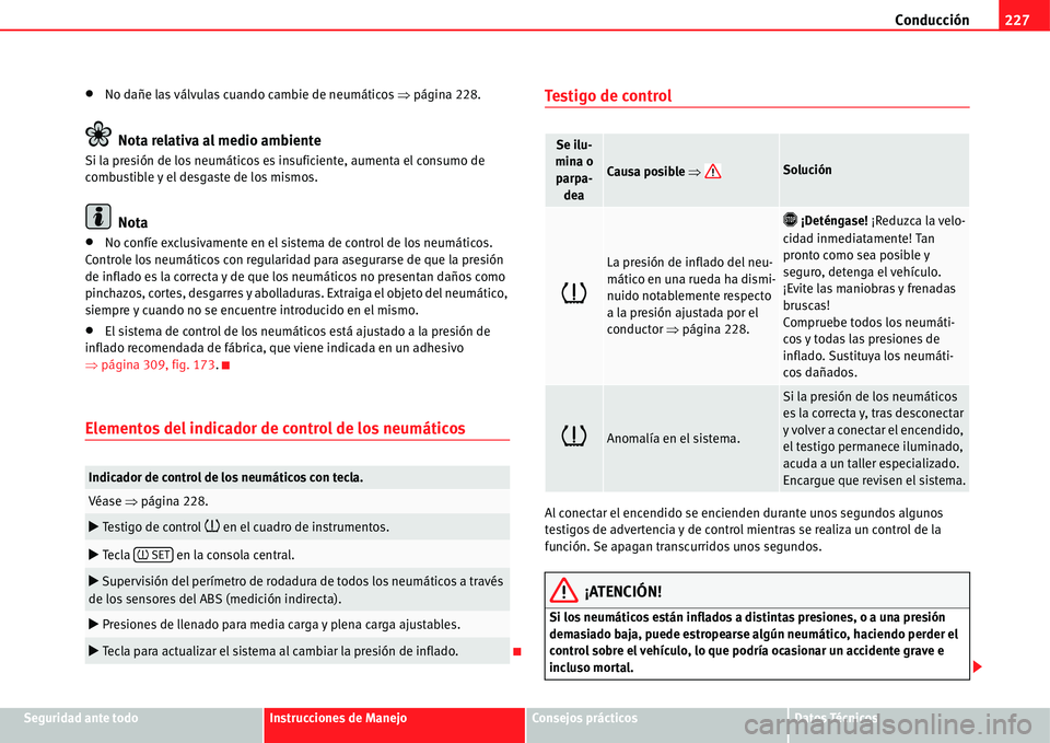Seat Alhambra 2011  Manual del propietario (in Spanish) Conducción227
Seguridad ante todoInstrucciones de ManejoConsejos prácticosDatos Técnicos
�xNo dañe las válvulas cuando cambie de neumáticos �Ÿpágina 228.
Nota relativa al medio ambiente
Si la 