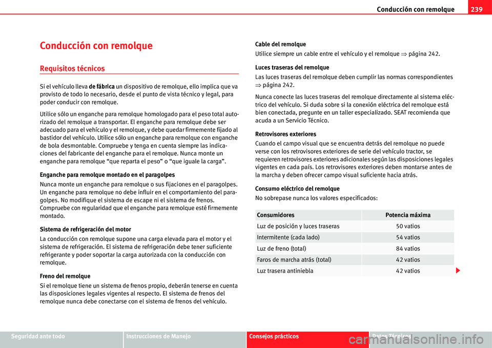 Seat Alhambra 2011 Manual del propietario (in Spanish) Conducción con remolque239
Seguridad ante todoInstrucciones de ManejoConsejos prácticosDatos Técnicos
Conducción con remolque
Requisitos técnicos
Si el vehículo lleva de fábrica un dispositivo Seat Alhambra 2011 Manual del propietario (in Spanish) Conducción con remolque239
Seguridad ante todoInstrucciones de ManejoConsejos prácticosDatos Técnicos
Conducción con remolque
Requisitos técnicos
Si el vehículo lleva de fábrica un dispositivo