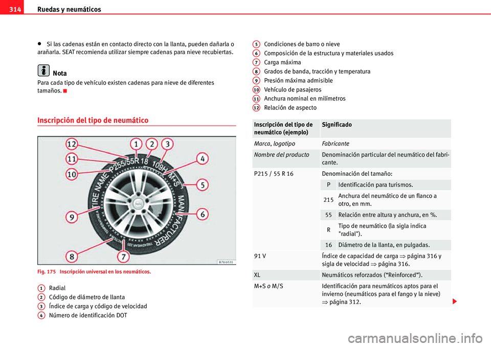 Seat Alhambra 2011  Manual del propietario (in Spanish) Ruedas y neumáticos 314
�xSi las cadenas están en contacto directo con la llanta, pueden dañarla o 
arañarla. SEAT recomienda utilizar siempre cadenas para nieve recubiertas.
Nota
Para cada tipo d