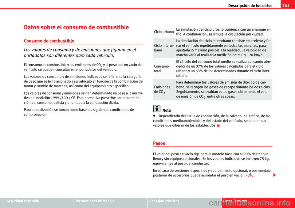 Seat Alhambra 2011  Manual del propietario (in Spanish) Descripción de los datos361
Seguridad ante todoInstrucciones de ManejoConsejos prácticosDatos Técnicos
Datos sobre el consumo de combustible
Consumo de combustible
Los valores de consumo y de emisi