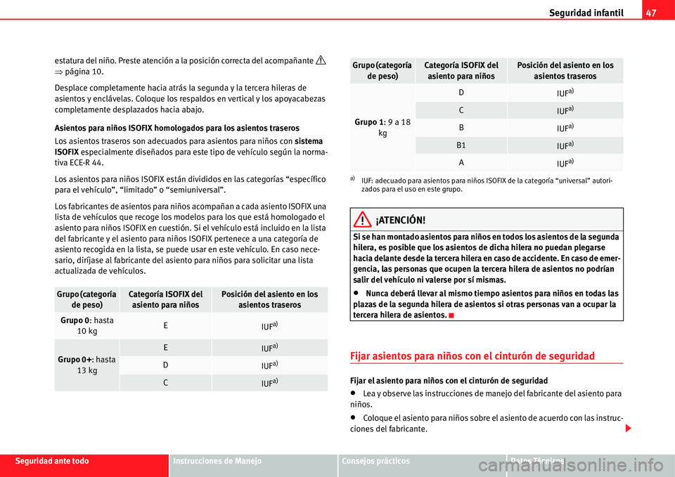 Seat Alhambra 2011  Manual del propietario (in Spanish) Seguridad infantil47
Seguridad ante todoInstrucciones de ManejoConsejos prácticosDatos Técnicos estatura del niño. Preste atención a la posición correcta del acompañante
�’ 
�Ÿpágina 10. 
De