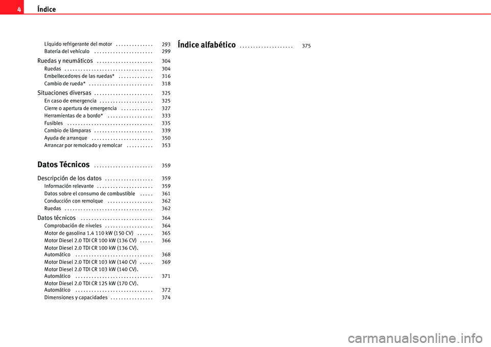 Seat Alhambra 2011 Manual del propietario (in Spanish) Índice 4
Líquido refrigerante del motor . . . . . . . . . . . . . .
Batería del vehículo . . . . . . . . . . . . . . . . . . . . . .
Ruedas y neumáticos . . . . . . . . . . . . . . . . . . . Seat Alhambra 2011 Manual del propietario (in Spanish) Índice 4
Líquido refrigerante del motor . . . . . . . . . . . . . .
Batería del vehículo . . . . . . . . . . . . . . . . . . . . . .
Ruedas y neumáticos . . . . . . . . . . . . . . . . . . .
