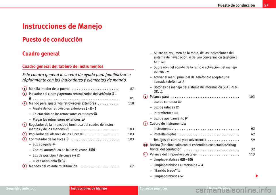Seat Alhambra 2011  Manual del propietario (in Spanish) Puesto de conducción57
Seguridad ante todoInstrucciones de ManejoConsejos prácticosDatos Técnicos
Instrucciones de Manejo
Puesto de conducción
Cuadro general
Cuadro general del tablero de instrume