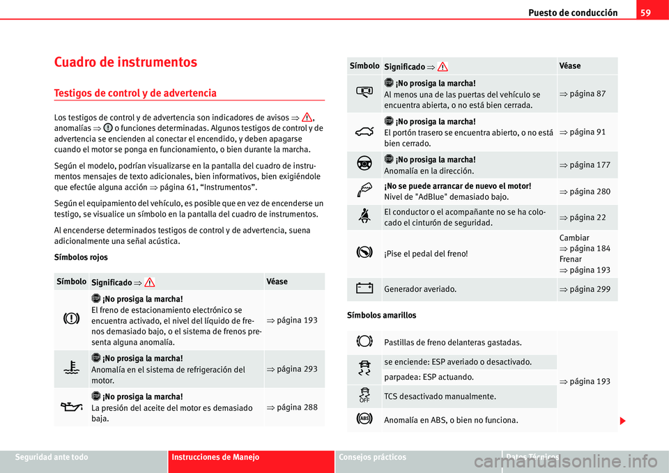 Seat Alhambra 2011  Manual del propietario (in Spanish) Puesto de conducción59
Seguridad ante todoInstrucciones de ManejoConsejos prácticosDatos Técnicos
Cuadro de instrumentos
Testigos de control y de advertencia
Los testigos de control y de advertenci