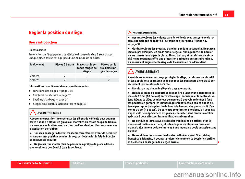 Seat Alhambra 2011 Manuel du propriétaire (in French) 11
Pour rouler en toute sécurité
Régler la position du siège
Brève intr oduction Places assises
En fonction de l'équipement, l
e
véhicule dispose de cinq à sept places.
Chaque place assis Seat Alhambra 2011 Manuel du propriétaire (in French) 11
Pour rouler en toute sécurité
Régler la position du siège
Brève intr oduction Places assises
En fonction de l'équipement, l
e
véhicule dispose de cinq à sept places.
Chaque place assis