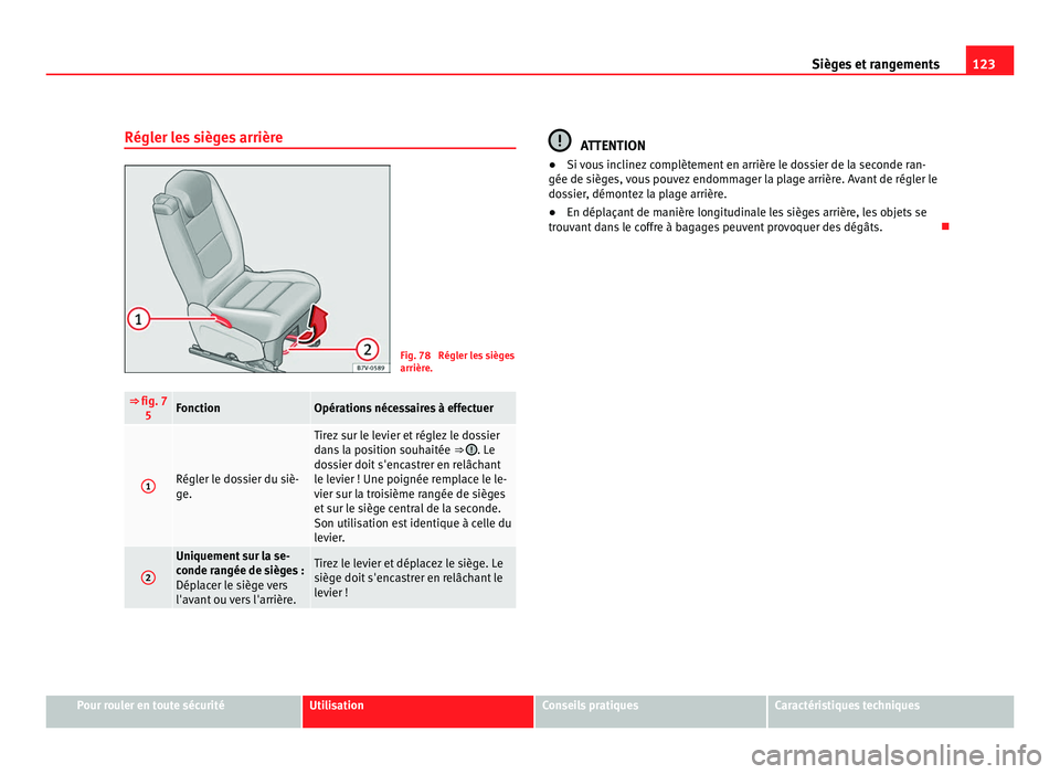 Seat Alhambra 2011 Manuel du propriétaire (in French) 123
Sièges et rangements
Régler les sièges arrière Fig. 78 Régler les sièges
arrière.
⇒ fig. 7
5 Fonction Opérations nécessaires à effectuer
1 Régler le dossier du siè-
ge. Tirez sur Seat Alhambra 2011 Manuel du propriétaire (in French) 123
Sièges et rangements
Régler les sièges arrière Fig. 78 Régler les sièges
arrière.
⇒ fig. 7
5 Fonction Opérations nécessaires à effectuer
1 Régler le dossier du siè-
ge. Tirez sur