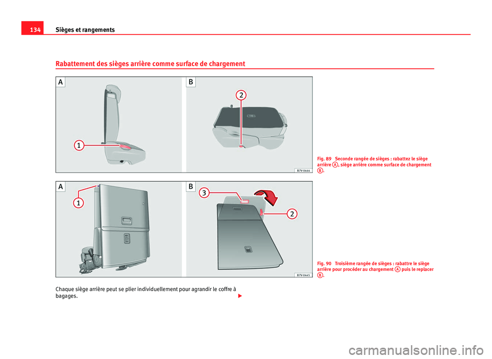 Seat Alhambra 2011  Manuel du propriétaire (in French)  134
Sièges et rangements
Rabattement des sièges arrière comme surface de chargement Fig. 89  Seconde rangée de sièges : rabattez le siège
arrière 
A , siège arrière comme surface de chargemen