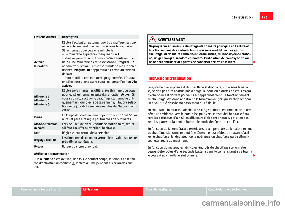 Seat Alhambra 2011  Manuel du propriétaire (in French)  175
Climatisation Options du menu Description
Activer
Désactiv
er Réglez l'activation automatique du chauffage station-
nair
e et
 le moment d'activation si vous le souhaitez.
Sélectionnez 