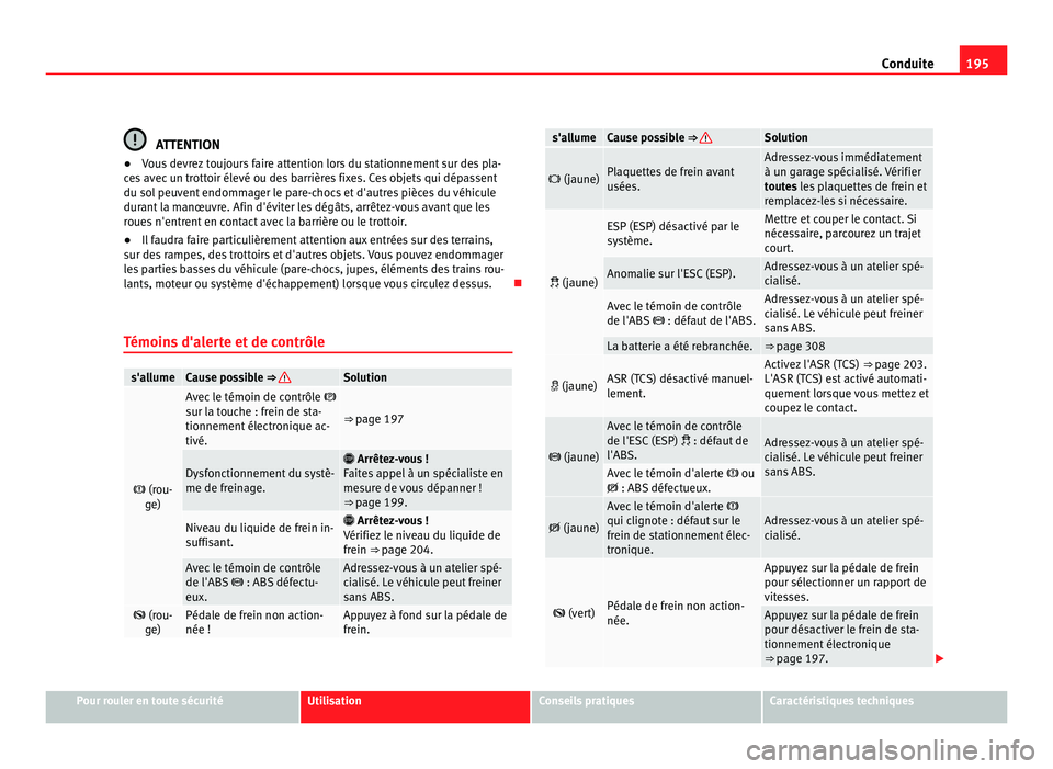 Seat Alhambra 2011 Manuel du propriétaire (in French) 195
Conduite ATTENTION
● Vous devrez toujours faire attention lors du stationnement sur des pla-
c e
s avec un trottoir élevé ou des barrières fixes. Ces objets qui dépassent
du sol peuvent endo Seat Alhambra 2011 Manuel du propriétaire (in French) 195
Conduite ATTENTION
● Vous devrez toujours faire attention lors du stationnement sur des pla-
c e
s avec un trottoir élevé ou des barrières fixes. Ces objets qui dépassent
du sol peuvent endo