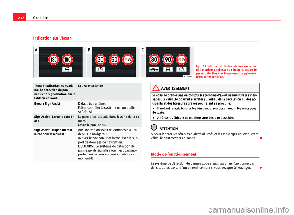Seat Alhambra 2011  Manuel du propriétaire (in French)  232
Conduite
Indication sur l'écran Fig. 153  Afficheur du tableau de bord exemples
de limitation
s
 de vitesse ou d'interdictions de dé-
passer détectées avec les panneaux supplémen-
tai