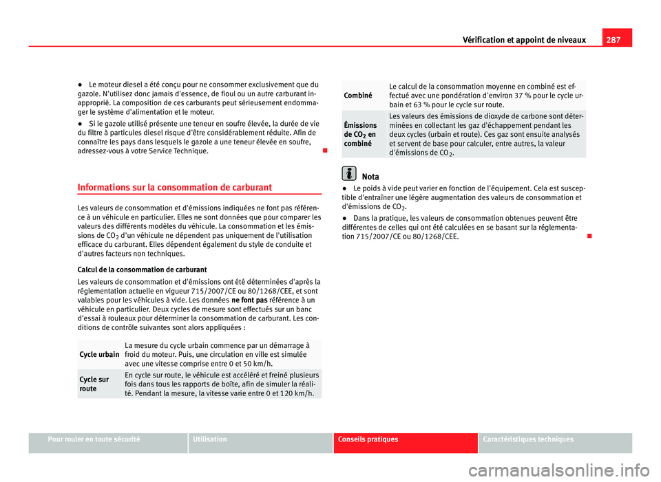 Seat Alhambra 2011  Manuel du propriétaire (in French)  287
Vérification et appoint de niveaux
● Le moteur diesel a été conçu pour ne consommer exclusivement que du
g az
ole. N'utilisez donc jamais d'essence, de fioul ou un autre carburant in