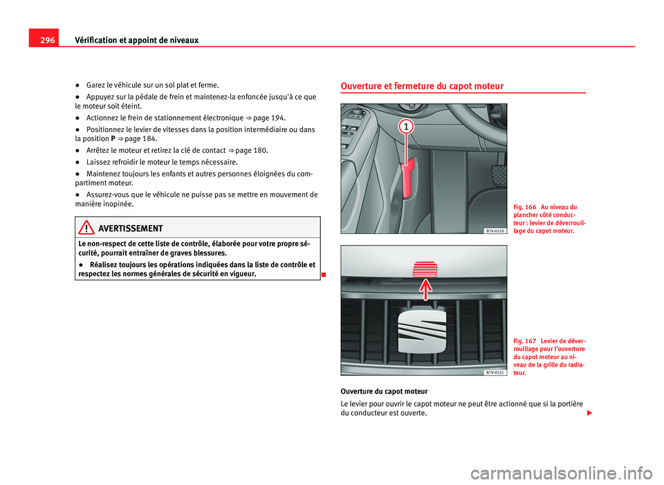 Seat Alhambra 2011  Manuel du propriétaire (in French)  296
Vérification et appoint de niveaux
●Garez le véhicule sur un sol plat et ferme.
● App
uyez sur la pédale de frein et maintenez-la enfoncée jusqu'à ce que
le moteur soit
  éteint.
●