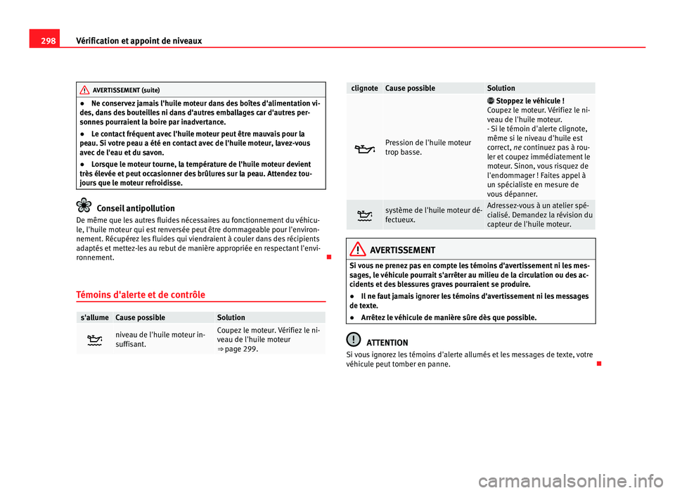 Seat Alhambra 2011  Manuel du propriétaire (in French)  298
Vérification et appoint de niveaux AVERTISSEMENT (suite)
● Ne c onservez jamais l'huile moteur dans des boîtes d'alimentation vi-
de s, d
ans des bouteilles ni dans d'autres emball