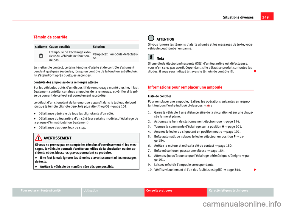 Seat Alhambra 2011  Manuel du propriétaire (in French)  349
Situations diverses
Témoin de contrôle s'allume Cause possible Solution
 L'ampoule de l'éclairage exté-
rieur du véhic
u
le ne fonction-
ne pas. Remplacez l'ampoule défect