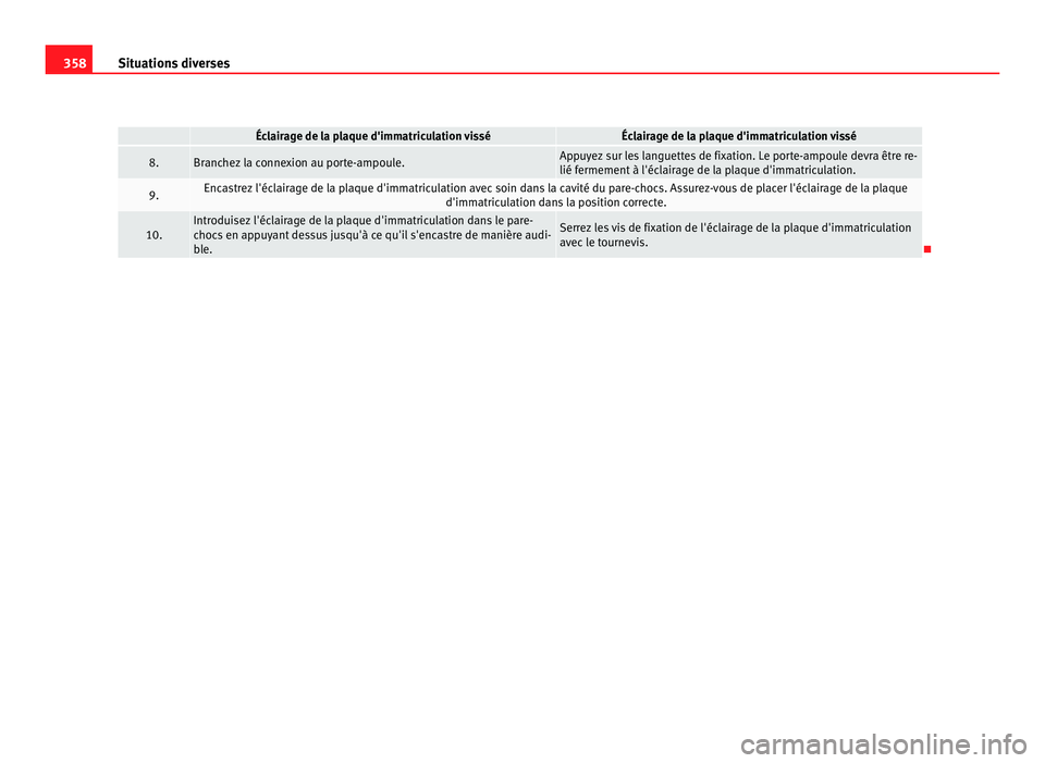 Seat Alhambra 2011  Manuel du propriétaire (in French)  358
Situations diverses   Éclairage de la plaque d'immatriculation vissé Éclairage de la plaque d'immatriculation vissé
8. Branchez la connexion au porte-ampoule. Appuyez sur les languette