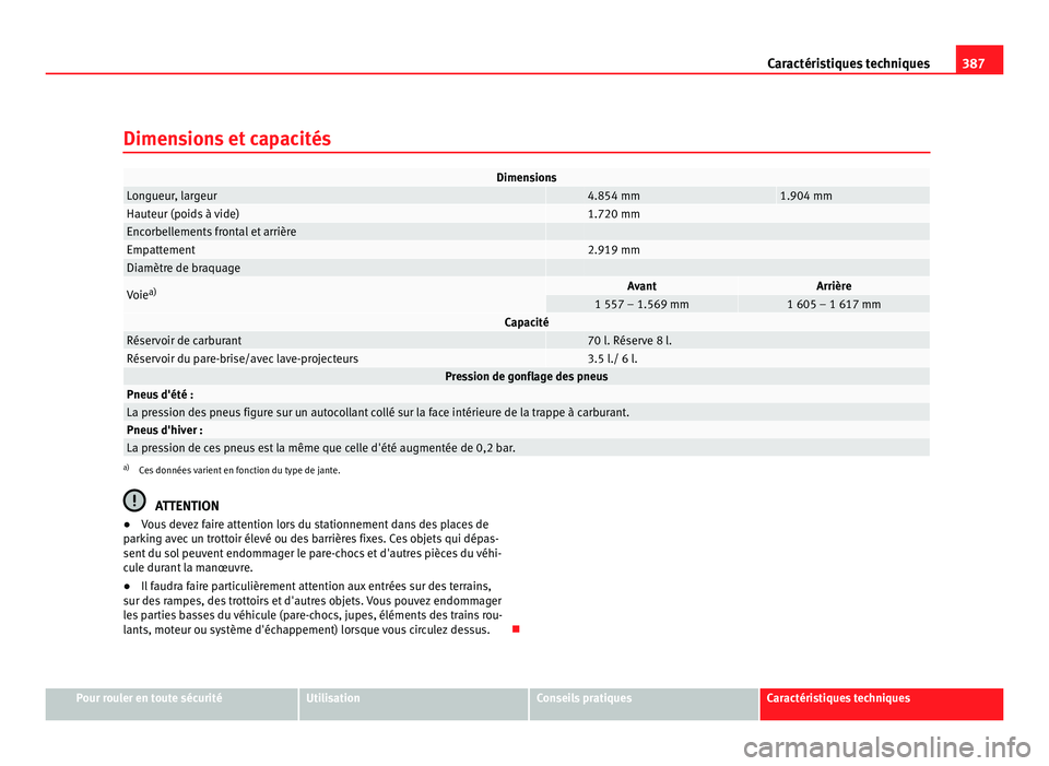 Seat Alhambra 2011 Manuel du propriétaire (in French) 387
Caractéristiques techniques
Dimensions et capacités Dimensions
Longueur, largeur 4.854 mm 1.904 mm
Hauteur (poids à vide) 1.720 mm
Encorbellements frontal et arrière
Empattement 2.91 Seat Alhambra 2011 Manuel du propriétaire (in French) 387
Caractéristiques techniques
Dimensions et capacités Dimensions
Longueur, largeur 4.854 mm 1.904 mm
Hauteur (poids à vide) 1.720 mm
Encorbellements frontal et arrière
Empattement 2.91