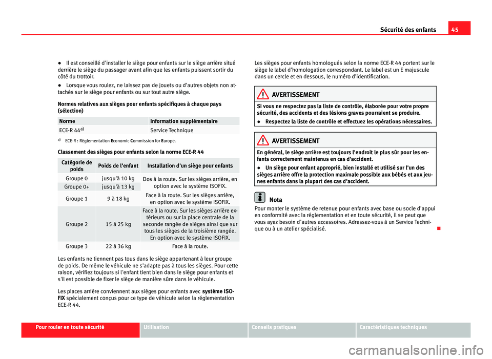 Seat Alhambra 2011 Manuel du propriétaire (in French) 45
Sécurité des enfants
● Il est conseillé d'installer le siège pour enfants sur le siège arrière situé
derrièr e l
e siège du passager avant afin que les enfants puissent sortir du
cô Seat Alhambra 2011 Manuel du propriétaire (in French) 45
Sécurité des enfants
● Il est conseillé d'installer le siège pour enfants sur le siège arrière situé
derrièr e l
e siège du passager avant afin que les enfants puissent sortir du
cô
