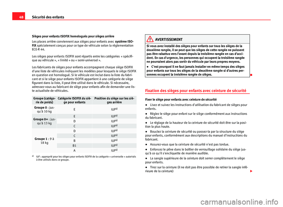 Seat Alhambra 2011 Manuel du propriétaire (in French) 48
Sécurité des enfants
Sièges pour enfants ISOFIX homologués pour sièges arrière
Le s
places arrière conviennent aux sièges pour enfants avec système ISO-
FIX spécialement conçus pour ce Seat Alhambra 2011 Manuel du propriétaire (in French) 48
Sécurité des enfants
Sièges pour enfants ISOFIX homologués pour sièges arrière
Le s
places arrière conviennent aux sièges pour enfants avec système ISO-
FIX spécialement conçus pour ce