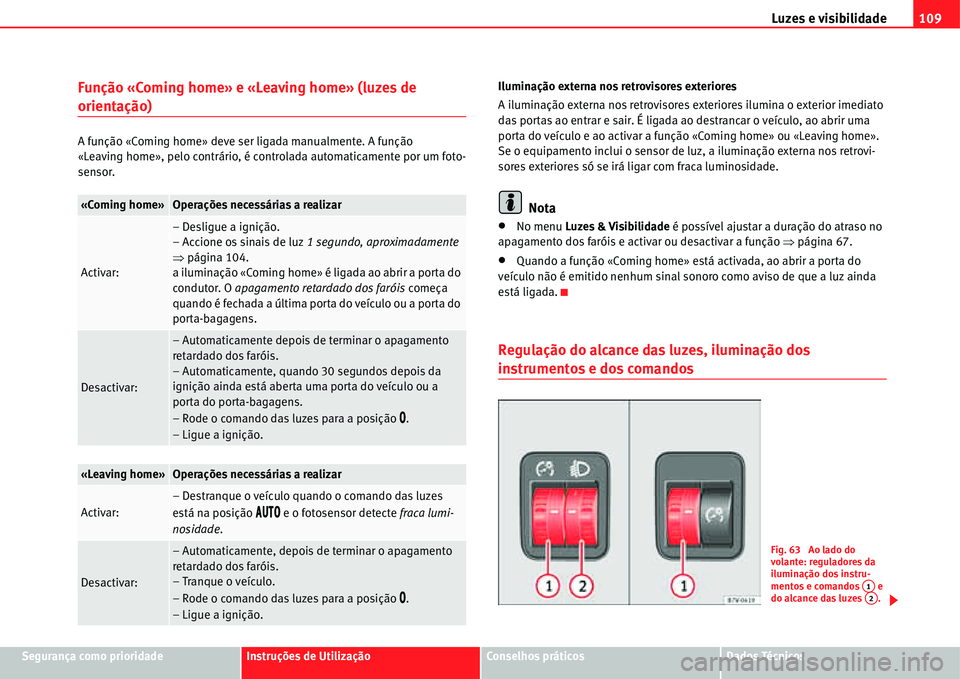 Seat Alhambra 2011  Manual do proprietário (in Portuguese)  Luzes e visibilidade109
Segurança como prioridadeInstruções de UtilizaçãoConselhos práticosDados Técnicos
Função «Coming home» e «Leaving home» (luzes de 
orientação)
A função «Comin