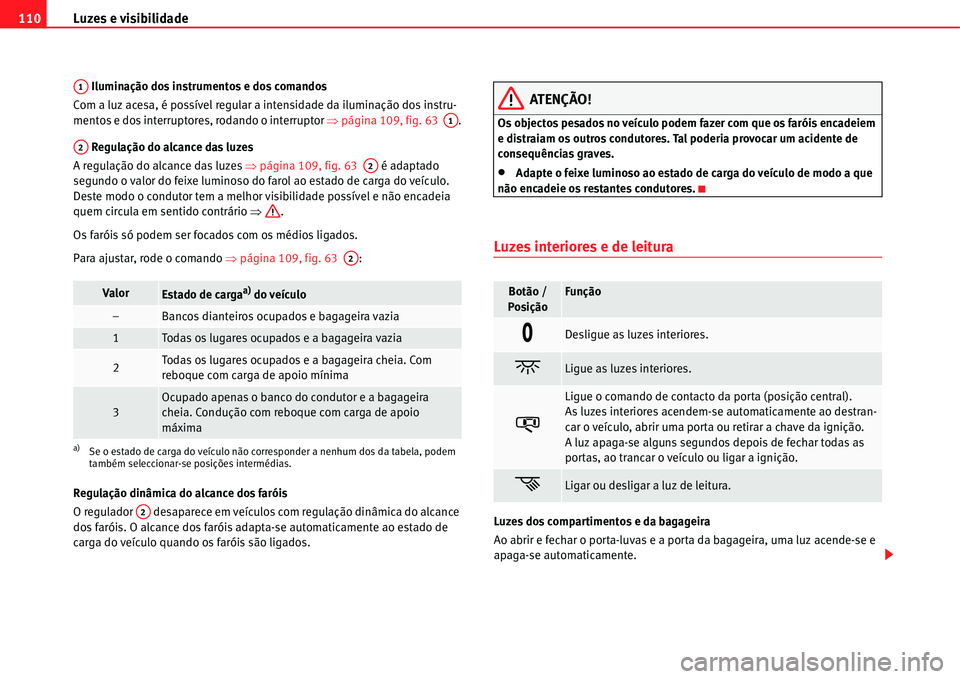 Seat Alhambra 2011 Manual do proprietário (in Portuguese) Luzes e visibilidade 110
Iluminação dos instrumentos e dos comandos
Com a luz acesa, é possível regular a intensidade da iluminação dos instru-
mentos e dos interruptores, rodando o interruptor Seat Alhambra 2011 Manual do proprietário (in Portuguese) Luzes e visibilidade 110
Iluminação dos instrumentos e dos comandos
Com a luz acesa, é possível regular a intensidade da iluminação dos instru-
mentos e dos interruptores, rodando o interruptor