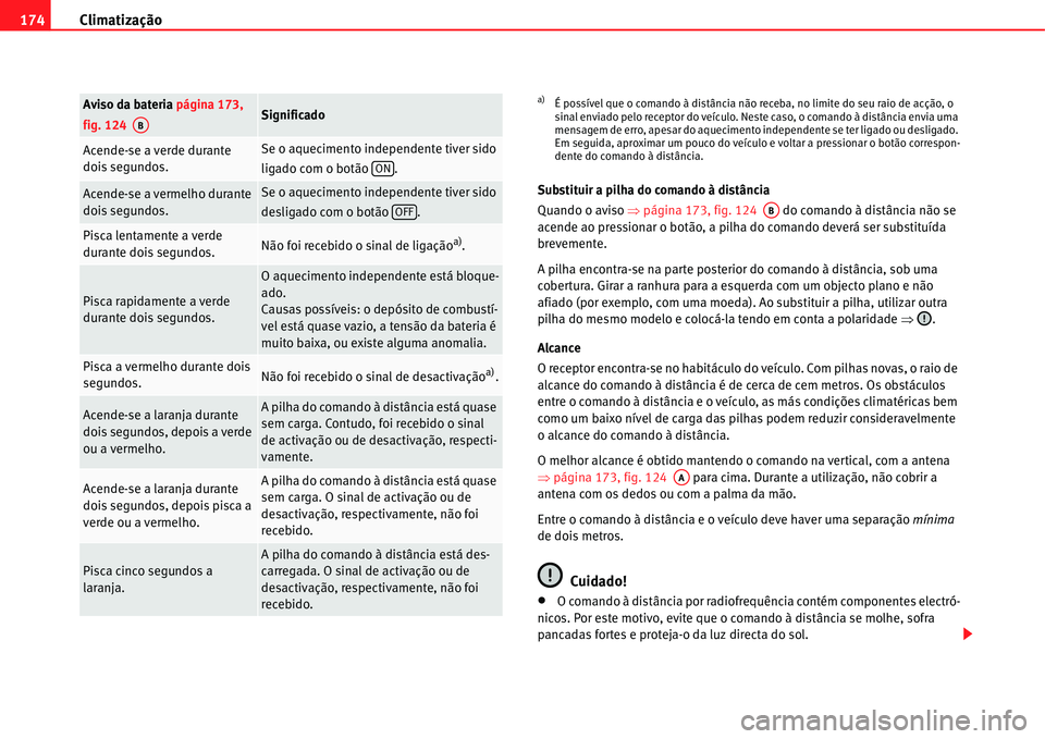 Seat Alhambra 2011  Manual do proprietário (in Portuguese)  Climatização 174
Substituir a pilha do comando à distância
Quando o aviso �Ÿpágina 173, fig. 124   do comando à distância não se 
acende ao pressionar o botão, a pilha do comando deverá ser