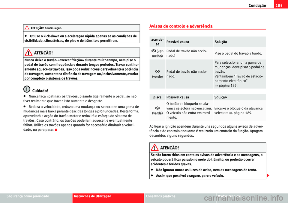 Seat Alhambra 2011  Manual do proprietário (in Portuguese)  Condução185
Segurança como prioridadeInstruções de UtilizaçãoConselhos práticosDados Técnicos
�xUtilize o kick-down ou a aceleração rápida apenas se as condições de 
visibilidade, climat