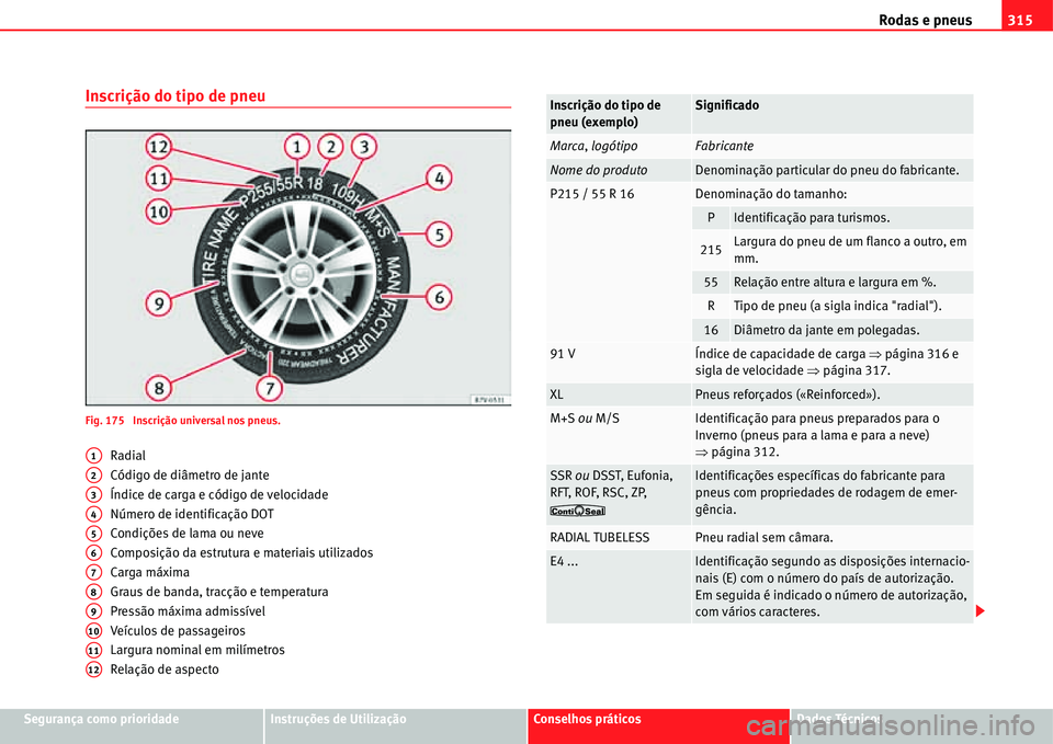 Seat Alhambra 2011  Manual do proprietário (in Portuguese)  Rodas e pneus315
Segurança como prioridadeInstruções de UtilizaçãoConselhos práticosDados Técnicos
Inscrição do tipo de pneu
Fig. 175  Inscrição universal nos pneus.
Radial
Código de diâm