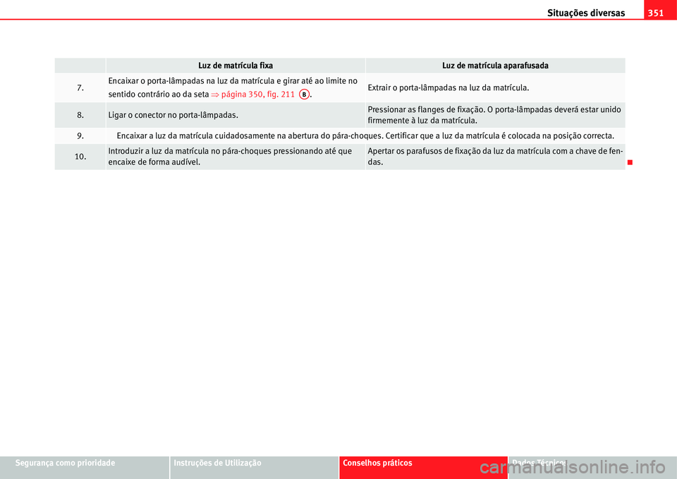 Seat Alhambra 2011 Manual do proprietário (in Portuguese) Situações diversas351
Segurança como prioridadeInstruções de UtilizaçãoConselhos práticosDados Técnicos
7.Encaixar o porta-lâmpadas na luz da matrícula e girar até ao limite no
sentido co Seat Alhambra 2011 Manual do proprietário (in Portuguese) Situações diversas351
Segurança como prioridadeInstruções de UtilizaçãoConselhos práticosDados Técnicos
7.Encaixar o porta-lâmpadas na luz da matrícula e girar até ao limite no
sentido co
