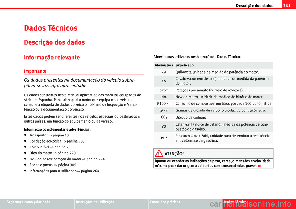 Seat Alhambra 2011  Manual do proprietário (in Portuguese)  Descrição dos dados361
Segurança como prioridadeInstruções de UtilizaçãoConselhos práticosDados Técnicos
Dados Técnicos
Descrição dos dados
Informação relevante
Importante
Os dados prese